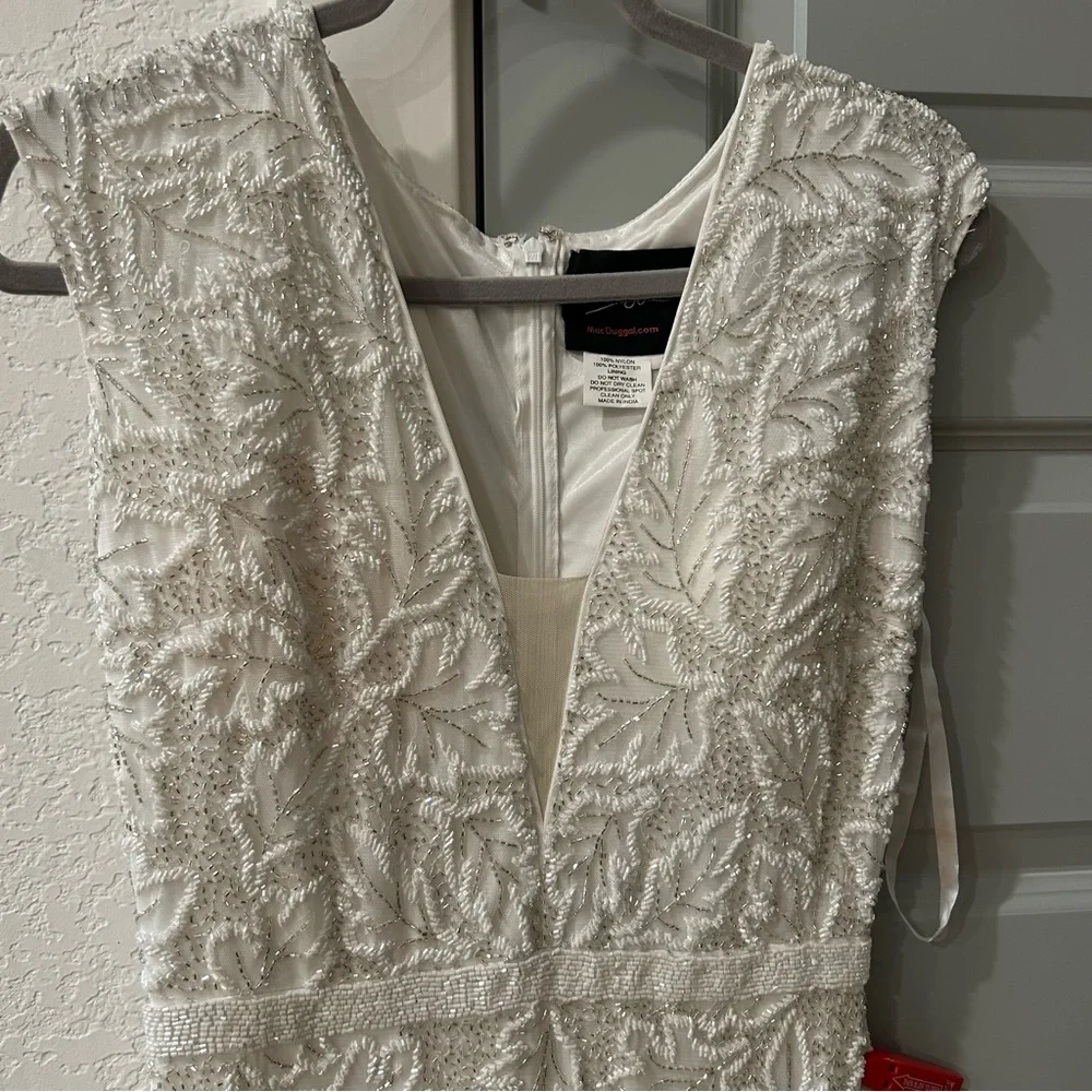 New Mac Duggal White Leaf Embroidered Beaded Gown - Picture 3 of 9